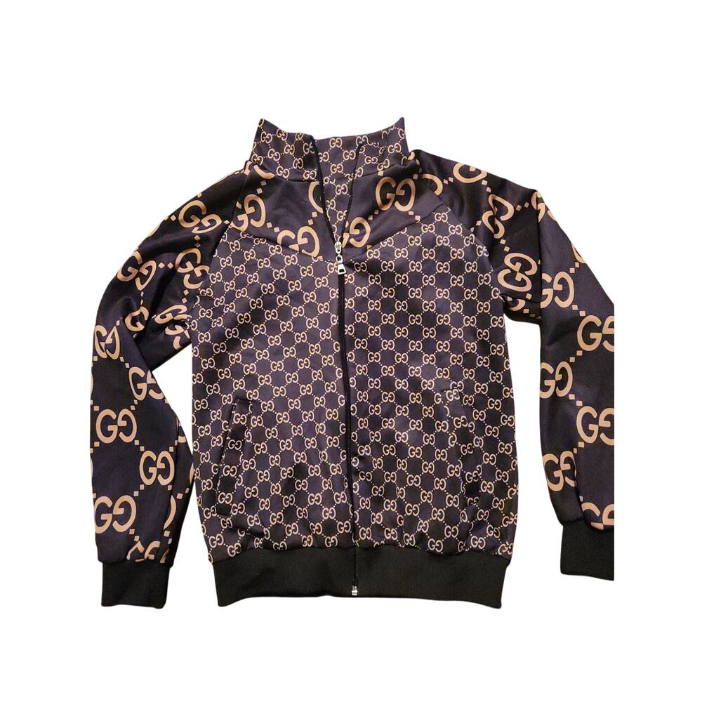 Women’s Black & Gold Designer Inspired Monogram Zip Track Jacket Medium